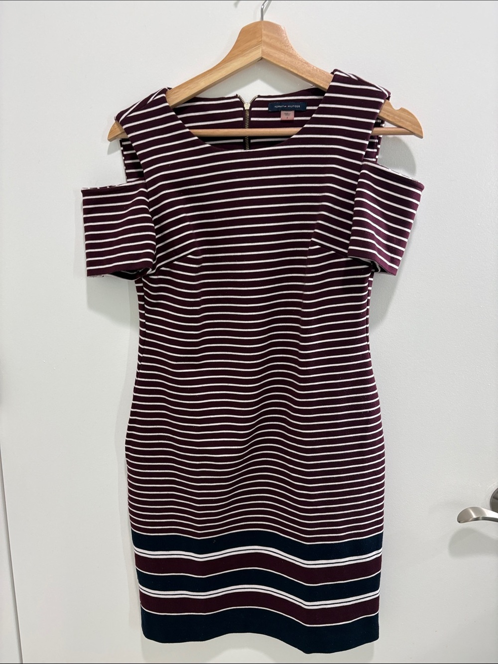 Tommy Hilfiger Burgundy and Navy Striped Cold-Shoulder Sheath Dress